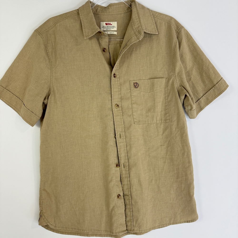 Fjallraven Ovik Travel Shirt SS M Mens S Khaki Tan Hemp Blend Button Down 87039